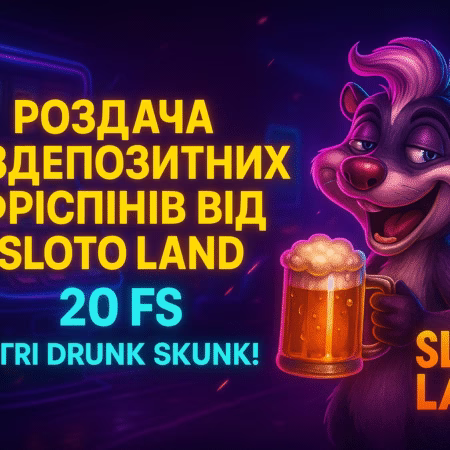 🎁 Роздача бездепозитних фріспінів від SlotoLand — 20 FS у грі Drunk Skunk!